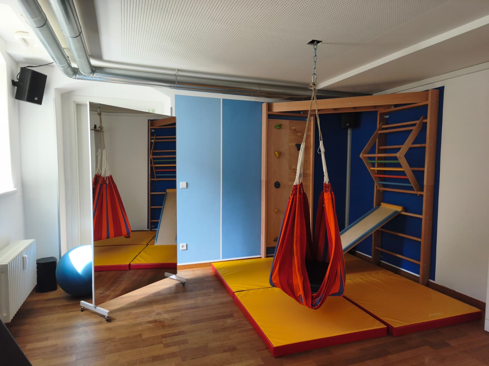 Sport- und Therapieraum der Praxis mit Hängematte, Kletterwand und Sprossenwand